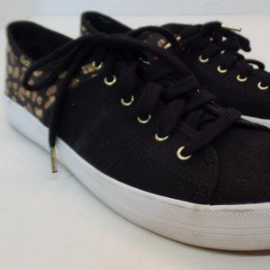Keds Leopard Print & Black Canvas Shoes Sz 8.5 Goldtone Hardware